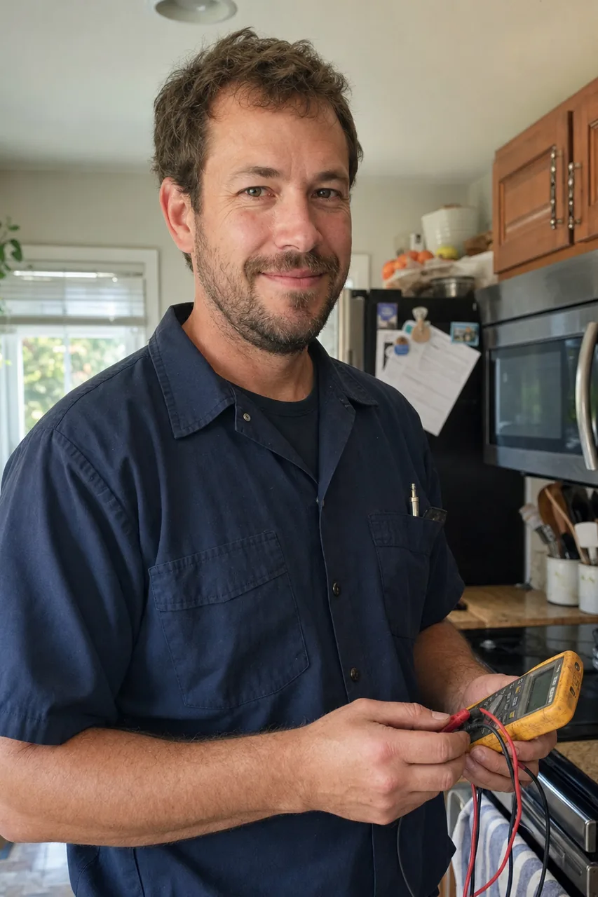 An appliance repair technician in a Weston kitchen holding a multimeter