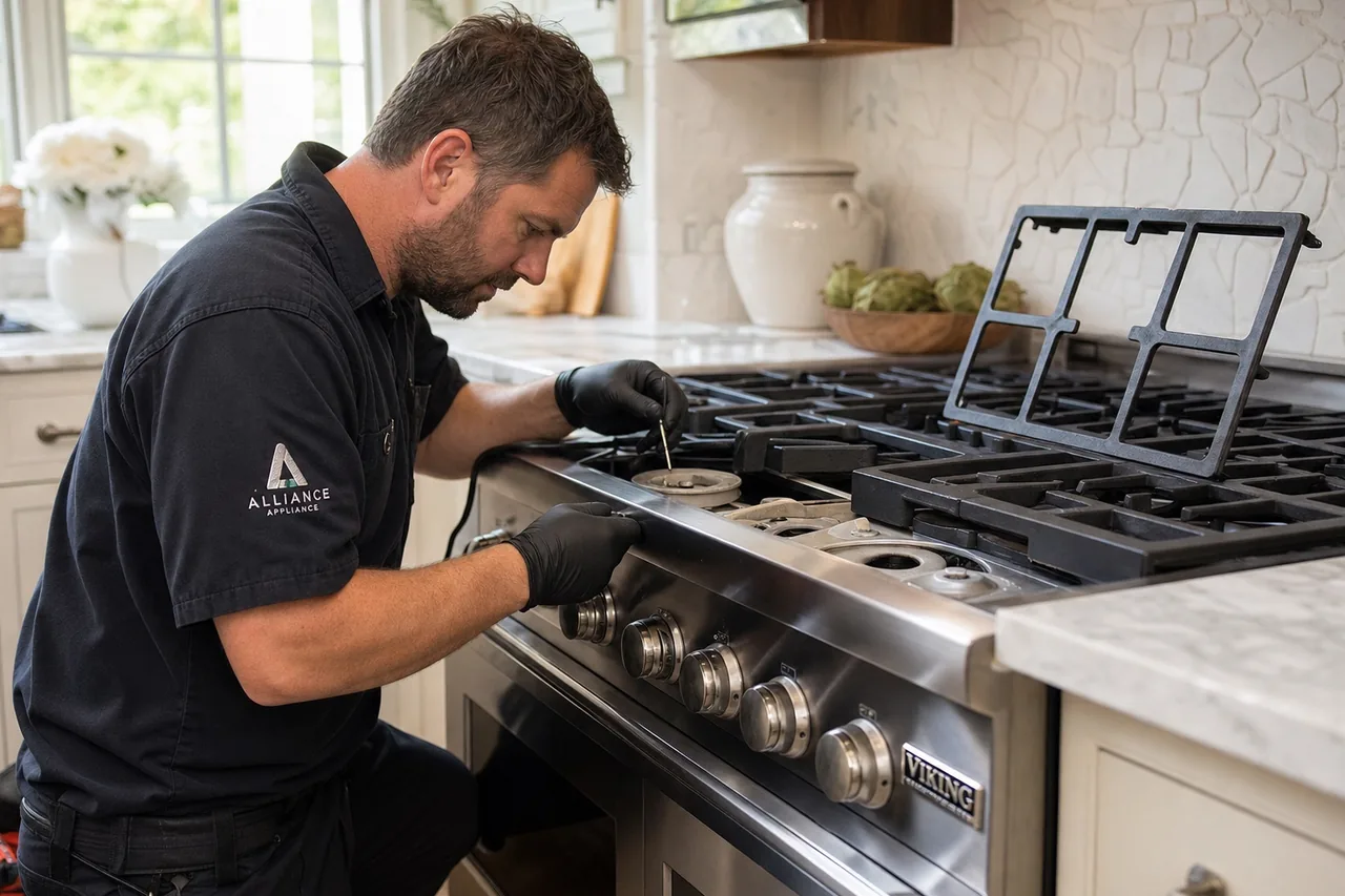 Technician servicing a stainless Viking range